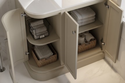 Beige Basin Vanity Unit with doors open and storage shelf